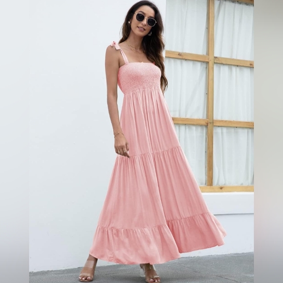 Pink Midi Tiered Dress Shoulder Ties Flowy Bohemian Smocked Tie Maxi Vacation - Picture 6 of 9